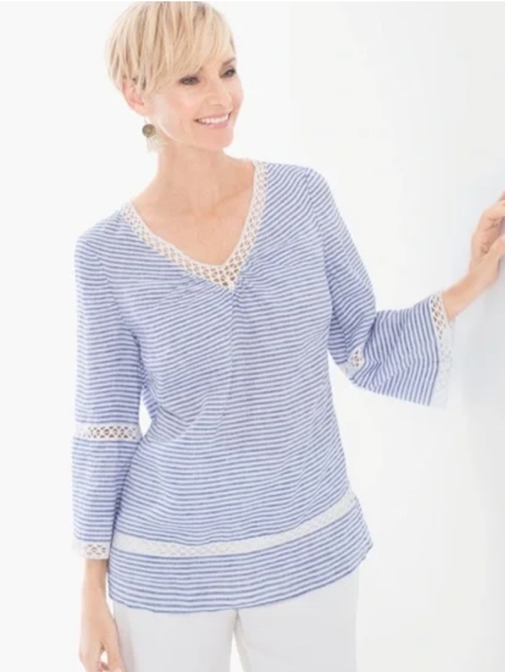 Chico's Blue and White Striped Top W Crochet Trim With Bell Sleeves 100% Linen